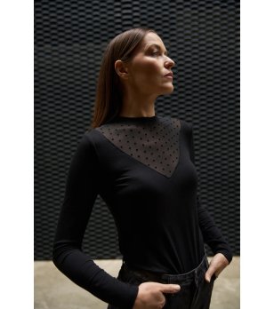 Черна дамска блуза с прозрачен панел снимка