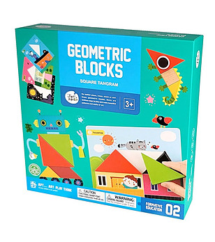 Танграм квадрат - задачи с цветни геометрични дървени фигури снимка