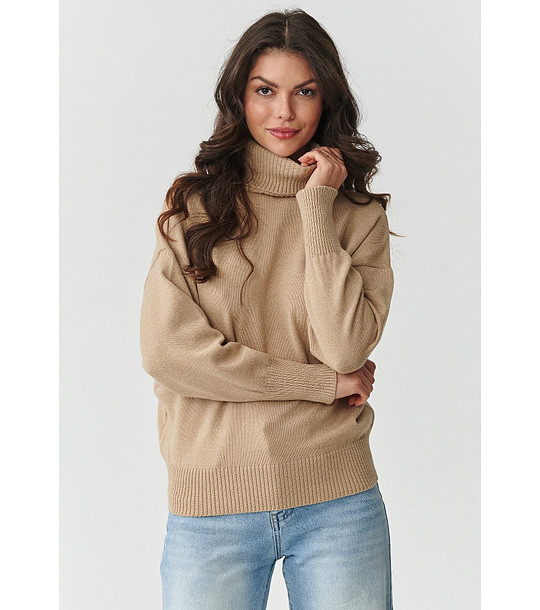 Дамски бежов пуловер с поло яка снимка