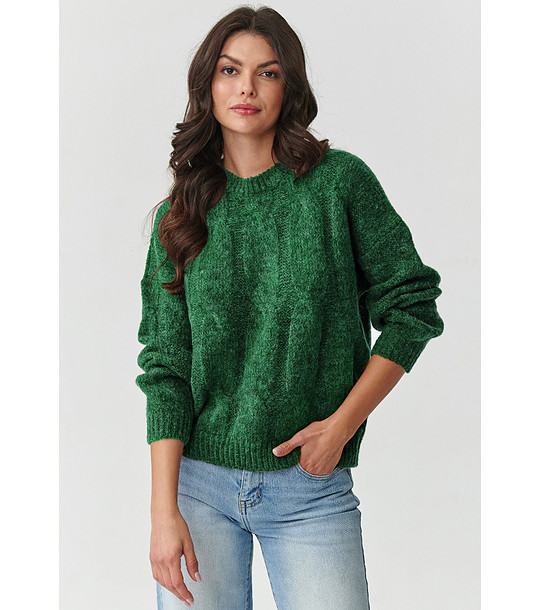 Дамски пуловер в зелено бутилка с големи плетеници снимка