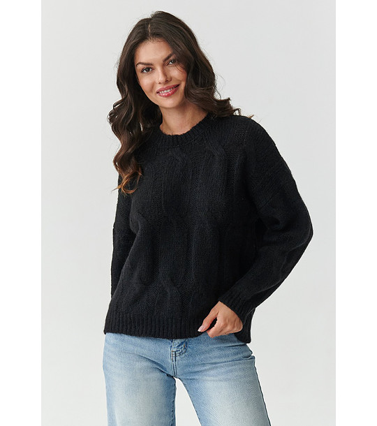 Дамски черен пуловер  с големи плетеници снимка