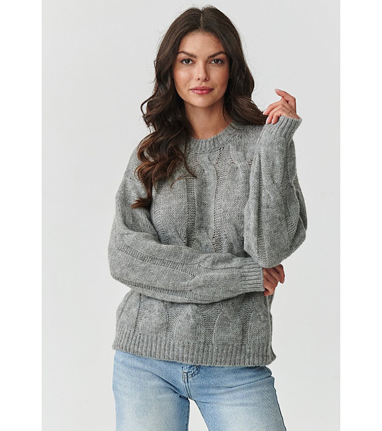 Дамски сив пуловер с големи плетеници снимка