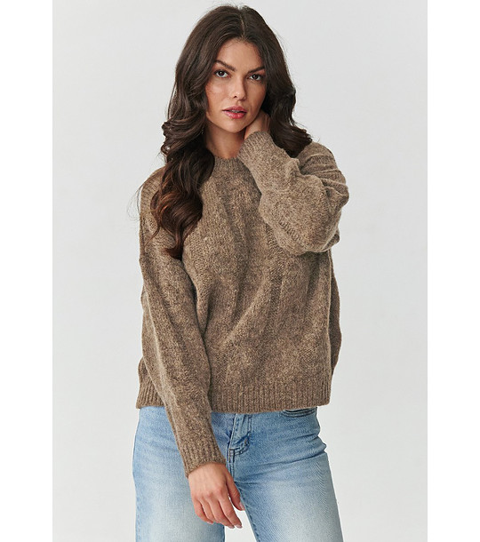 Дамски пуловер в кафяв нюанс с големи плетеници снимка