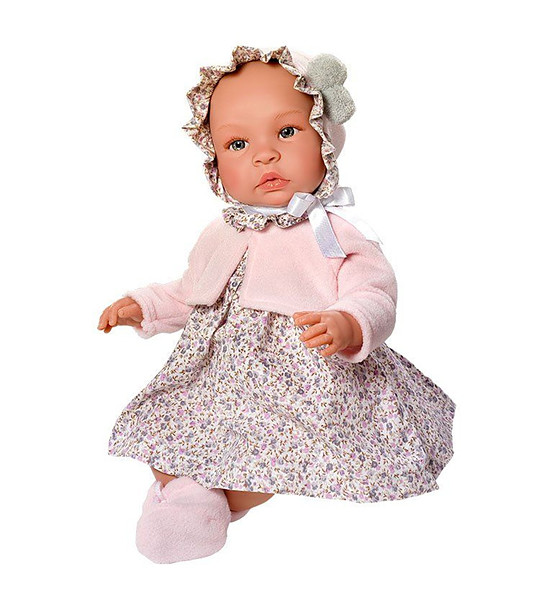 Кукла-бебе, Лея, с рокля на цветя и розово палтенце снимка