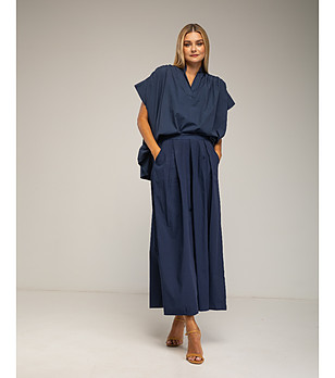 Дамски памучен тъмносин широк пола-панталон снимка