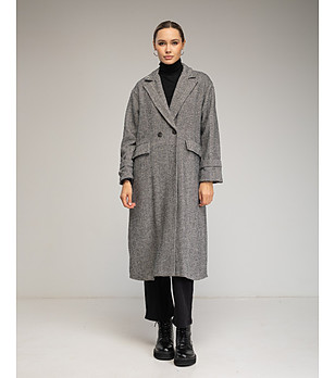 Дамско палто със структура рибена кост в черен меланж снимка