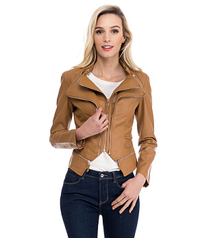 Дамско яке в цвят камел с кожен ефект и ципове снимка