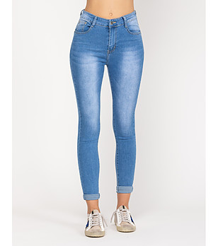 Светлосини вталени памучни дамски дънки с висока талия снимка