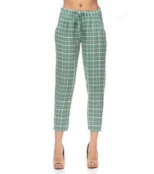 Зелен кариран дамски панталон с лен снимка