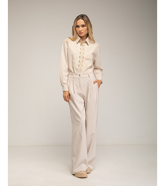 Дамски памучен широк панталон в екрю снимка