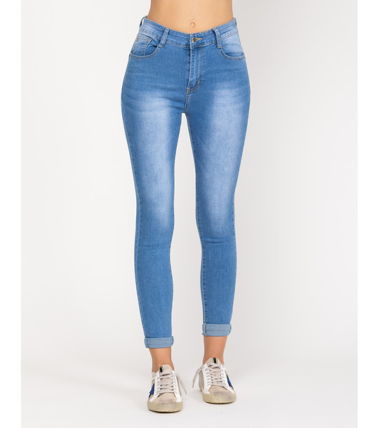 Светлосини вталени памучни дамски дънки с висока талия  снимка