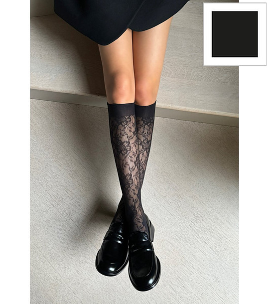 Черен чифт дамски чорапи до коляното с флорален десен BELLAROSA снимка