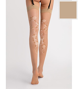 Бежови чорапи за жартиери с флорален лурекс 20 DEN JARDIN снимка