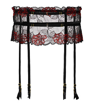 Черен дантелен жартиерен колан с червени флорални мотиви ROSE снимка