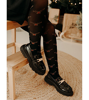 Черен детски чорапогащник с коледни мотиви 40 DEN RUDOLF снимка