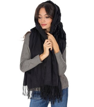 Черен шал с изкуствен пух  снимка