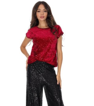 Червена кадифена блуза с пайети  снимка