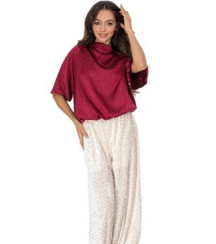 Сатенена дамска блуза в бордо с ламе и панделка снимка