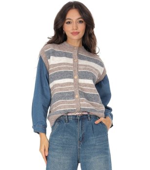 Дамска жилетка на райета с дънкови ръкави снимка