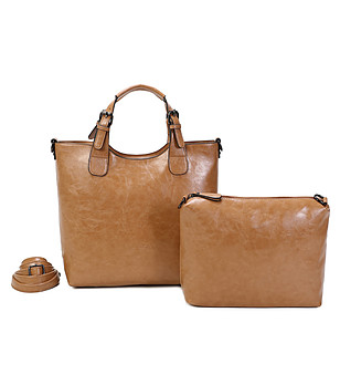 Дамска чанта в светлокафяво с несесер снимка