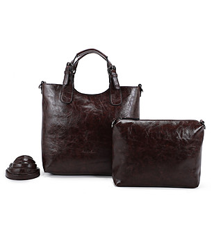 Дамска чанта в тъмнокафяво с несесер снимка