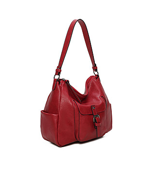 Червена дамска чанта с много джобове снимка