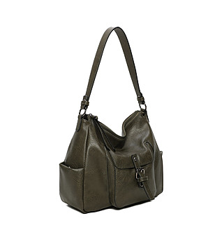 Дамска чанта в цвят каки с много джобове снимка