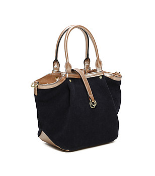 Тъмносиня дамска чанта със златисти кантове снимка