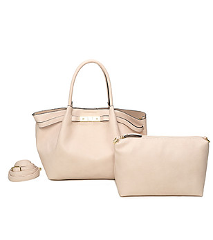 Дамска чанта в кремаво с несесер снимка