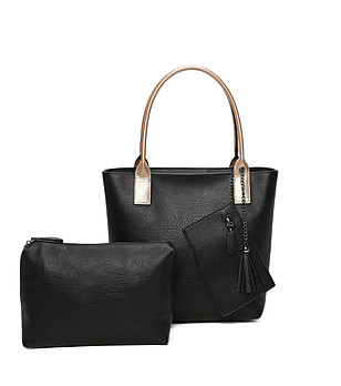 Черна дамска чанта със златисти дръжки и несесер снимка