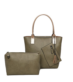 Дамска чанта каки със златисти дръжки и несесер снимка