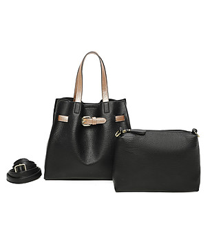 Черна дамска чанта с елементи в златисто и несесер снимка