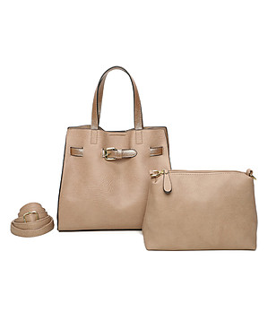 Дамска чанта в цвят таупе с елементи в златисто и несесер снимка