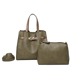 Дамска чанта в цвят каки с елементи в златисто и несесер снимка