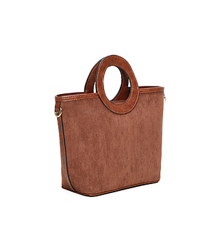 Дамска чанта в цвят камел с кръгли дръжки снимка