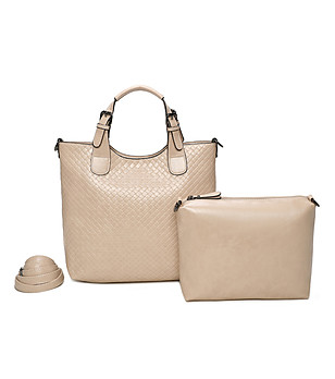 Дамска чанта в кремаво с несесер снимка