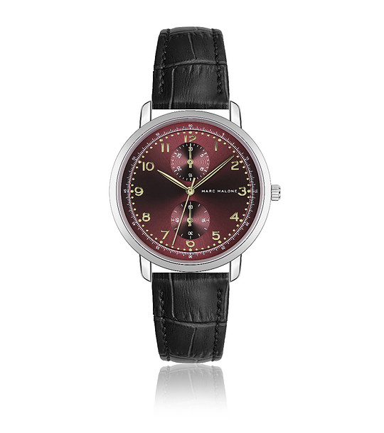 Мъжки часовник с циферблат в бордо и черна кожена каишка снимка