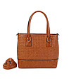Дамска чанта в цвят коняк с релефна плетка-2 снимка