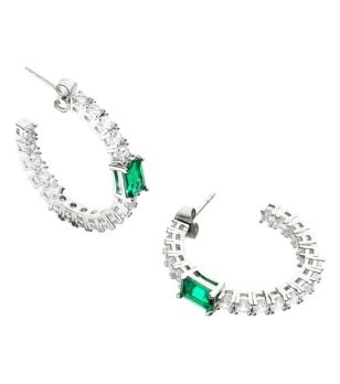 Сребристи дамски обеци тип халки с зелени кристали снимка