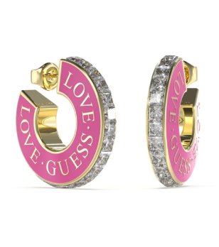 Златисти обеци халки с розов емайл LOVE GUESS снимка