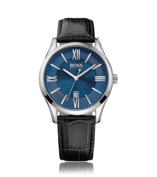 Мъжки син часовник с черна кожена каишка  снимка