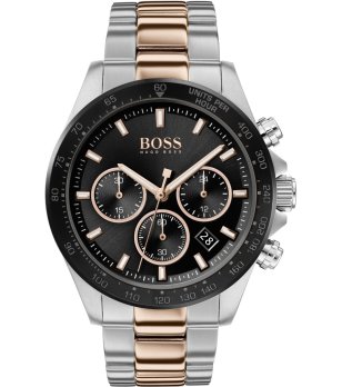 Мъжки стоманен часовник в сребристо и розово злато с черен циферблат  снимка