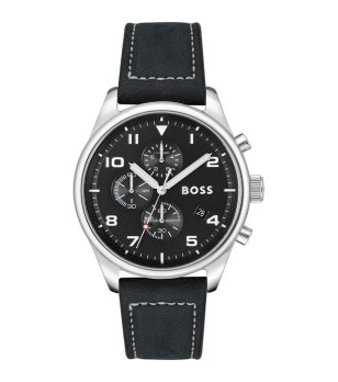 Мъжки сребрист часовник с черна кожена каишка  снимка