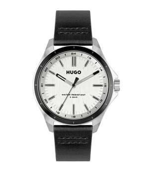 Мъжки часовник със сребрист циферблат и черна кожена каишка  снимка