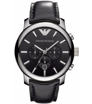 Мъжки сребрист часовник с черна кожена каишка снимка