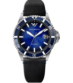 Мъжки син аналогов часовник с кожена каишка  снимка