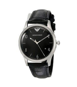 Мъжки сребрист часовник с черна кожена каишка  снимка