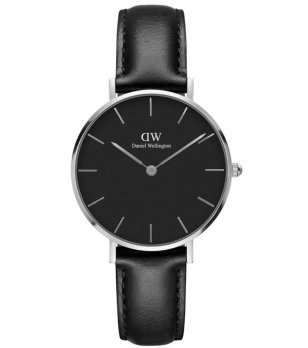 Unisex сребрист часовник с черна кожена каишка  снимка