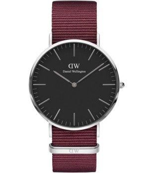 Унисекс часовник със сребрист корпус и текстилна каишка в бордо снимка