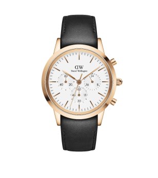 Мъжки часовник хронограф с черна кожена каишка  снимка